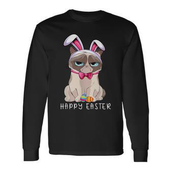 Happy Easter Bunny Pajama Dress Cat Grumpy Rabbit Ears Long Sleeve T-Shirt - Seseable