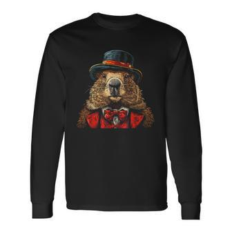 Happy Groundhog Day Ground Hog With Hat Animal Lover Long Sleeve T-Shirt | Seseable CA