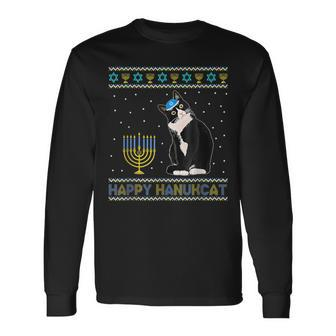 Happy Hanukcat Ugly Hanukkah Costume Cat Chanukah Jewish Long Sleeve T-Shirt | Mazezy