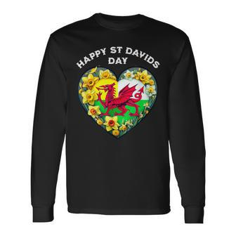 Happy St Davids Day Welsh Wales Flag Daffodils Long Sleeve T-Shirt - Thegiftio