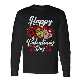 Happy Valentine's Day Hearts With Leopard Plaid Valentine Long Sleeve T-Shirt | Mazezy