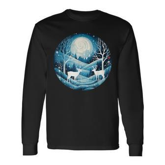Happy Winter Scenery At Night With Animals And Snow Costume Long Sleeve T-Shirt - Seseable