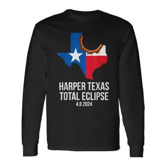 Harper Texas Total Eclipse 2024 Tx State Outline Texan Flag Long Sleeve T-Shirt - Seseable