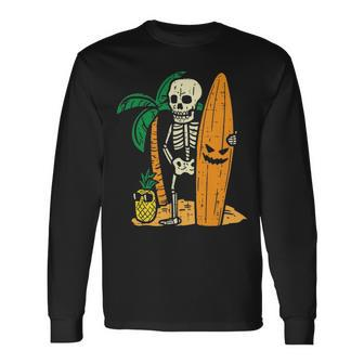 Hawaii Surfer Skeleton Cool Chill Halloween Beach Long Sleeve T-Shirt | Mazezy DE
