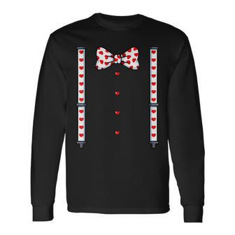 Heart Suspender Bow Tie Costume Valentines Day Cute Love Long Sleeve T-Shirt - Monsterry