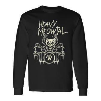 Heavy Metal Headbanger Drummer Cat Playing Drum Meowtal Long Sleeve T-Shirt | Mazezy
