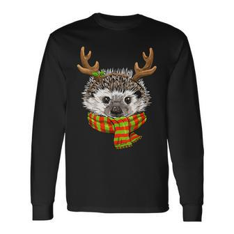 Hedgehog Christmas Reindeer Antlers Xmas Long Sleeve T-Shirt - Monsterry