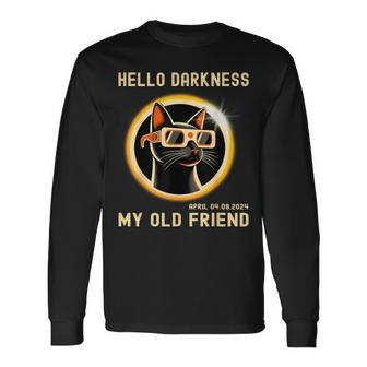 Hello Darkness My Old Friend Cat Solar Eclipse 08 April 2024 Long Sleeve T-Shirt | Mazezy