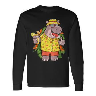 Hippo In Hawaiian Outfit And Shades Vacation Long Sleeve T-Shirt - Monsterry UK