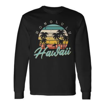 Honolulu Hawaii Surfing Oahu Island Aloha Sunset Palm Trees Long Sleeve T-Shirt | Mazezy