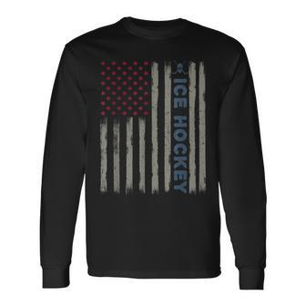 Ice Hockey American Flag Patriotic Usa 4Th Of July Vintage Long Sleeve T-Shirt - Monsterry