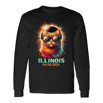 Illinois Total Solar Eclipse 2024 Cat Wearing Glasses Long Sleeve T-Shirt - Monsterry DE