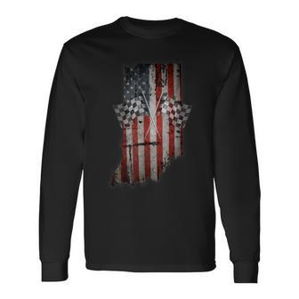 Indiana T Distressed Look Checkered Flag Long Sleeve T-Shirt - Monsterry