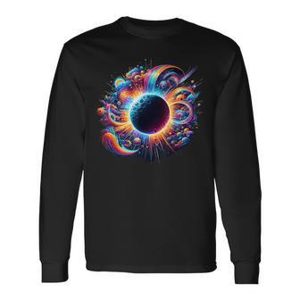 Interstellar Eclipse 2024 Vibrant Psychedelic Colorful Long Sleeve T-Shirt | Mazezy
