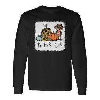 It's Fall Y'all Yellow Dachshund Dog Leopard Pumpkin Falling Long Sleeve T-Shirt | Mazezy