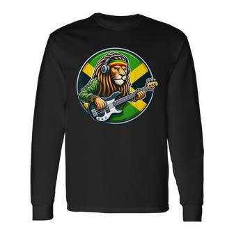 Jamaica Rastafarian Lion Playing Guitar Reggae Jamaican 2024 Long Sleeve T-Shirt | Mazezy