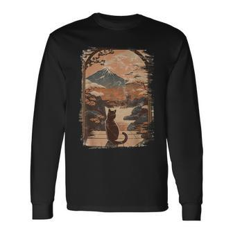 Japanese Cat With Landscape And Mountain Long Sleeve T-Shirt - Monsterry CA