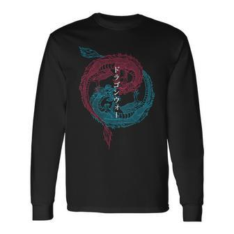 Japanese Dragons Yin And Yang Red & Blue Japan Calligraphy Long Sleeve T-Shirt - Seseable