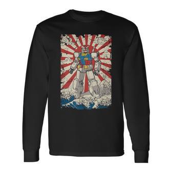 Japanese Mecha Anime Robot Kanagawa Great Wave Manga Long Sleeve T-Shirt - Monsterry