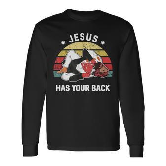 Jesus Has Your Back Jiu Jitsu Retro Christian Long Sleeve T-Shirt - Seseable