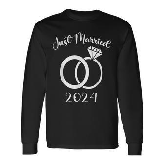 Just Married 2024 Wedding Rings Matching Couple Newlyweds Long Sleeve T-Shirt - Seseable