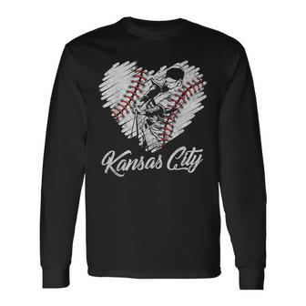 Kansas City Baseball Heart Distressed Vintage Baseball Fans Long Sleeve T-Shirt - Monsterry