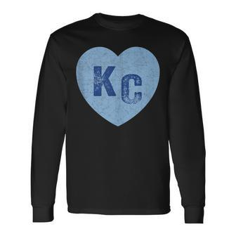 Kansas City Heart Kc Hearts I Love Kc Letters Blue Vintage Long Sleeve T-Shirt - Monsterry
