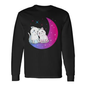 Kawaii Anime Cats Couple On Purple Moon In Love Otaku Cute Long Sleeve T-Shirt - Monsterry UK