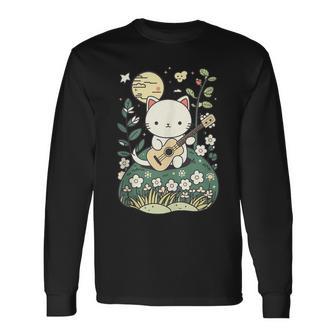 Kawaii Cat Playing Guitar Cute Flowers And Moon Cat Lover Long Sleeve T-Shirt - Monsterry UK