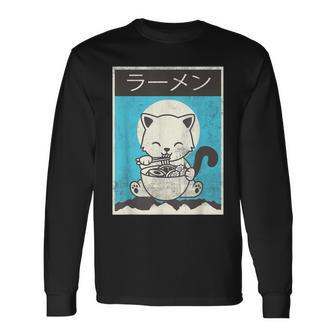 Kawaii Cat Ramen Noodle Cute Cat Vintage Retro Japanese Long Sleeve T-Shirt - Monsterry