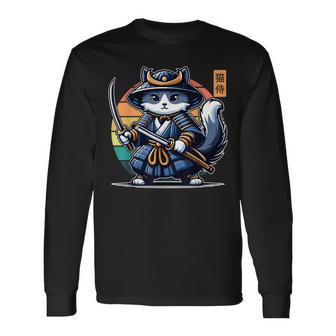 Kawaii Graphic Japanese Anime Manga Samurai Ninja Cat Long Sleeve T-Shirt | Mazezy DE