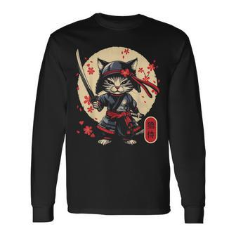 Kawaii Graphic Japanese Anime Manga Samurai Ninja Cat Long Sleeve T-Shirt - Seseable
