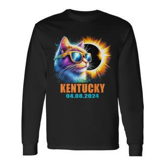 Kentucky Total Solar Eclipse 2024 Cat With Eclipse Glasses Long Sleeve T-Shirt | Mazezy