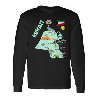 Kuwait Map Tourist Attractions Cities Flag Long Sleeve T-Shirt - Monsterry UK