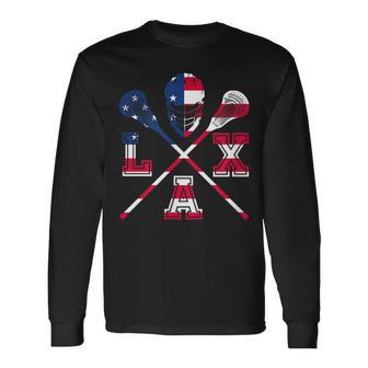 Lacrosse Outfit American Flag Lax Helmet & Sticks Team Long Sleeve T-Shirt - Monsterry AU