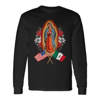 Our Lady Virgen De Guadalupe Mexican American Flag Long Sleeve T-Shirt | Mazezy DE