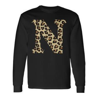 Leopard Cheetah Print Letter N Initial Rustic Monogram Long Sleeve T-Shirt - Monsterry