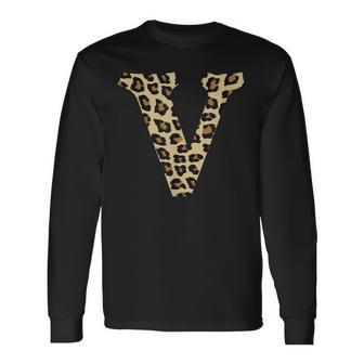 Leopard Cheetah Print Letter V Initial Rustic Monogram Long Sleeve T-Shirt - Monsterry AU