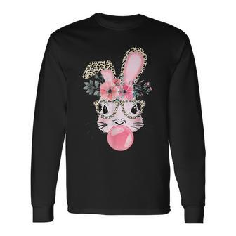 Leopard Print Rabbit Bunny Blowing Bubble Gum Easter Day Long Sleeve T-Shirt | Mazezy