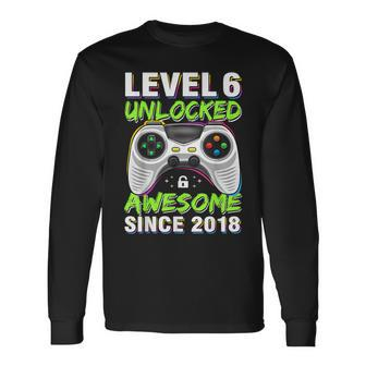 Level 6 Unlocked Awesome Since 2018 6Th Birthday Gaming Boys Long Sleeve T-Shirt | Mazezy