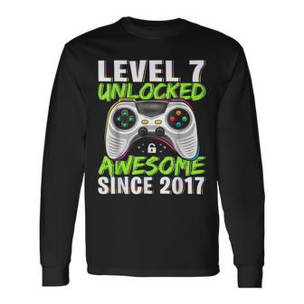 Level 7 Unlocked Awesome Since 2017 7Th Birthday Boys Long Sleeve T-Shirt | Mazezy
