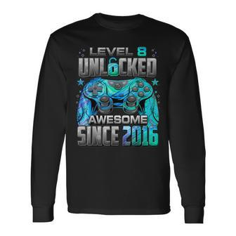 Level 8 Unlocked Awesome Since 2016 8Th Birthday Gaming Long Sleeve T-Shirt | Mazezy
