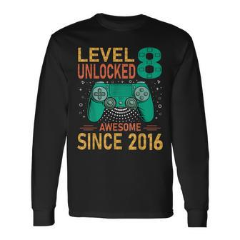 Level 8 Unlocked Birthday 8Th Birthday Gaming 8 Years Old Long Sleeve T-Shirt - Seseable