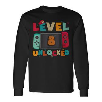 Level 8 Unlocked Gaming Birthday Boys Kid 8Th Birthday Gamer Long Sleeve T-Shirt - Seseable