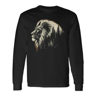 Lion Forest Graphic Vintage Lion King Illustration Animal Long Sleeve T-Shirt - Seseable