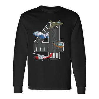 Little Pilot 4Th Birthday Party 4 Four Year Old Airplane Long Sleeve T-Shirt - Seseable