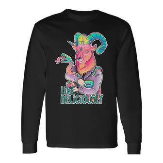 Live Deliciously Devil Goat Horned Snake Paganism Satan Long Sleeve T-Shirt - Monsterry