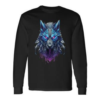 Lone Wolf Howl Futuristic Cyberpunk Wolf Head Long Sleeve T-Shirt - Thegiftio UK