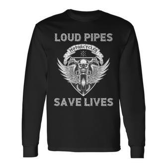 Loud Pipes Save Lives Motorcycle Skull Wing On Back Long Sleeve T-Shirt - Monsterry UK