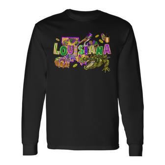 Louisiana Mardi Gras Abc Alligator Brown Pelican Crawfish Long Sleeve T-Shirt - Monsterry UK